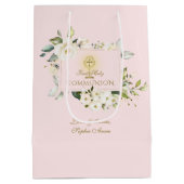 Luxury White Flowers Gold First Heilige Communie Medium Cadeauzakje (Achterkant)