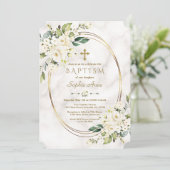 Luxury White Flowers Marble Gold Cross Baptisme Kaart (Staand voorkant)