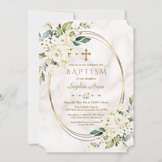 Luxury White Flowers Marble Gold Cross Baptisme Kaart (Voorkant)
