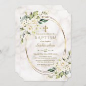 Luxury White Flowers Marble Gold Cross Baptisme Kaart (Voorkant / Achterkant)