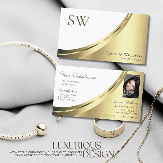 Luxury White Gold Decor met Monogram en Foto Visitekaartje