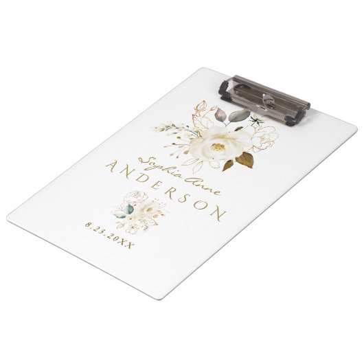 Luxury White Gold Floral Baptism Photo Album Klembord (Gekanteld)