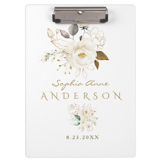 Luxury White Gold Floral Baptism Photo Album Klembord (Voorkant)