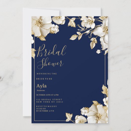 Luxury white gold floral navy blue Bridal Shower Kaart (Voorkant)
