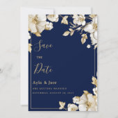 Luxury white gold floral navy blue Save the Date Kaart (Voorkant)
