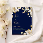 Luxury white gold floral navy blue Save the Date Kaart