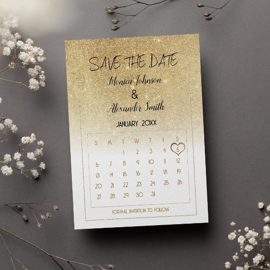 Luxury White Gold Glitter Calendar Save the Date  Aankondigingskaart