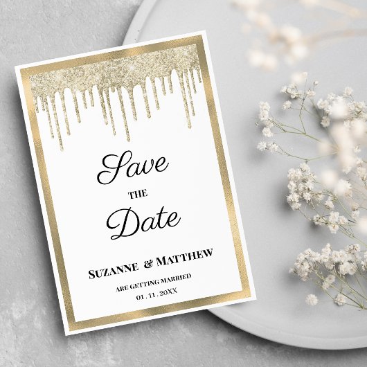 Luxury white gold glitter drips Save the Date Kaart