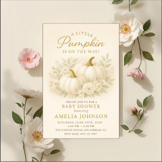 Luxury White & Gold Pumpkin Baby Shower Invitation Kaart