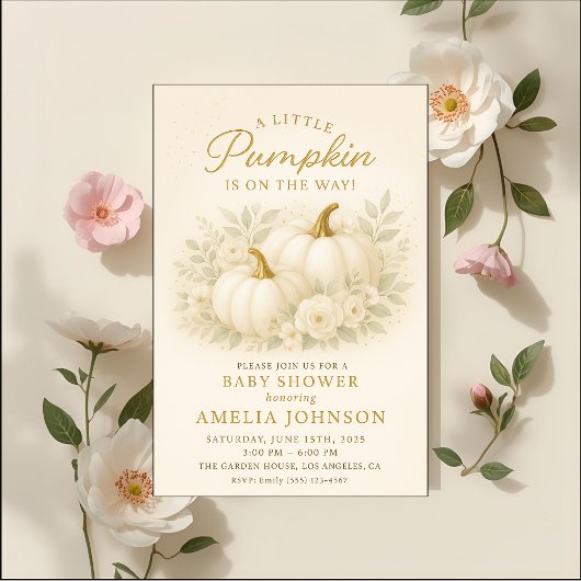 Luxury White & Gold Pumpkin Baby Shower Invitation Kaart