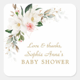 Luxury White Magnolia Pink Floral Baby shower Vierkante Sticker