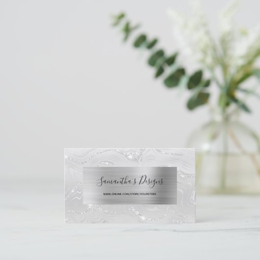 Luxury White Marble Agate Glam Silver Foil Visitekaartje (Staand voorkant)
