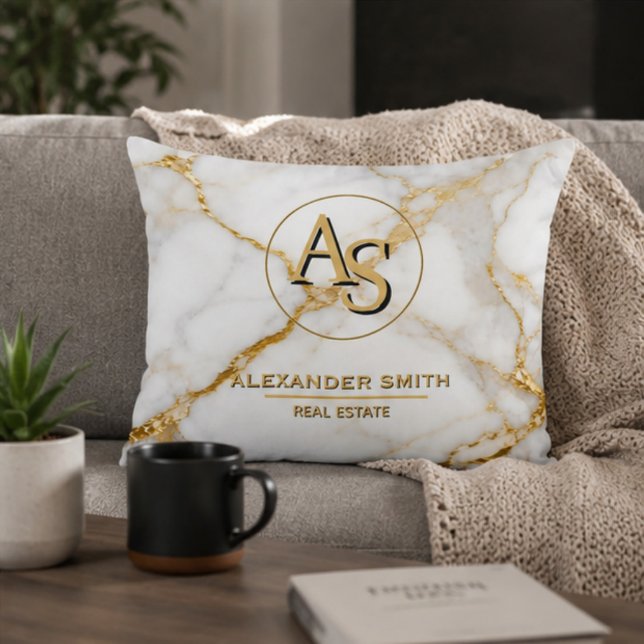 Luxury White Marble Gold Monogram Real Estate  Accent Kussen (Creator heeft geüpload)
