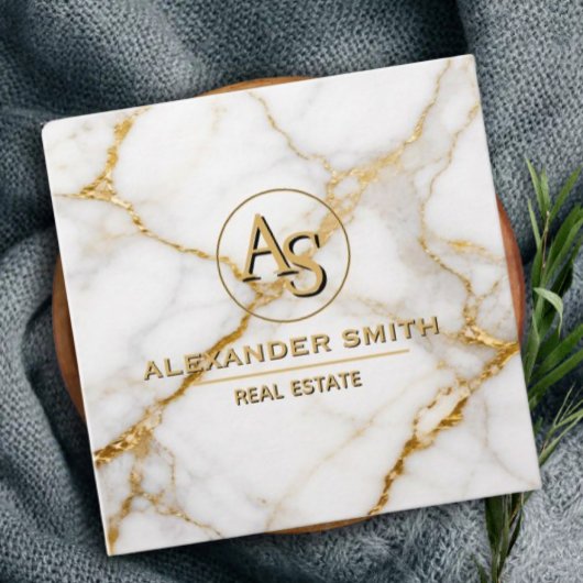 Luxury White Marble Gold Monogram Real Estate  Afsprakenkaartje