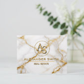 Luxury White Marble Gold Monogram Real Estate Briefkaart (Staand voorkant)