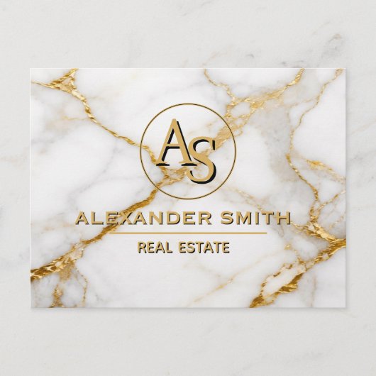 Luxury White Marble Gold Monogram Real Estate Briefkaart (Voorkant)