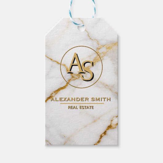Luxury White Marble Gold Monogram Real Estate Cadeaulabel (Voorkant)
