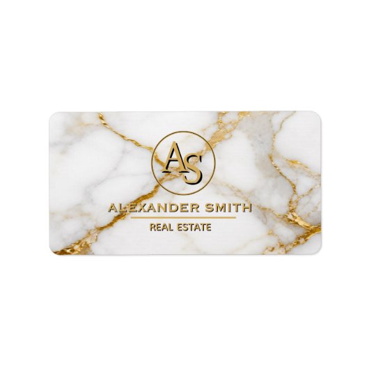 Luxury White Marble Gold Monogram Real Estate Etiket (Voorkant)