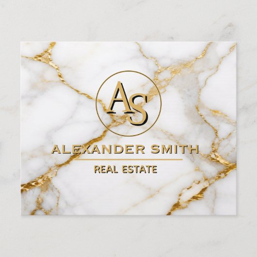 Luxury White Marble Gold Monogram Real Estate  Flyer (Voorkant)