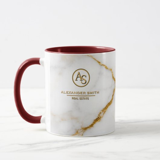 Luxury White Marble Gold Monogram Real Estate Mok (Links)