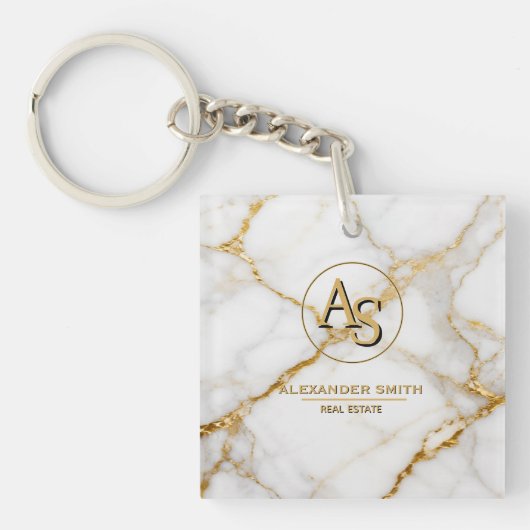 Luxury White Marble Gold Monogram Real Estate Sleutelhanger (voorkant)