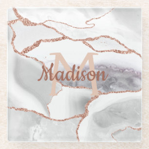 Luxury White Rose Gold Agate Monogram Glitter Glazen Onderzetter