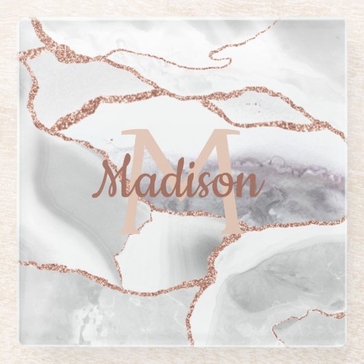Luxury White Rose Gold Agate Monogram Glitter Glazen Onderzetter (Voorkant)