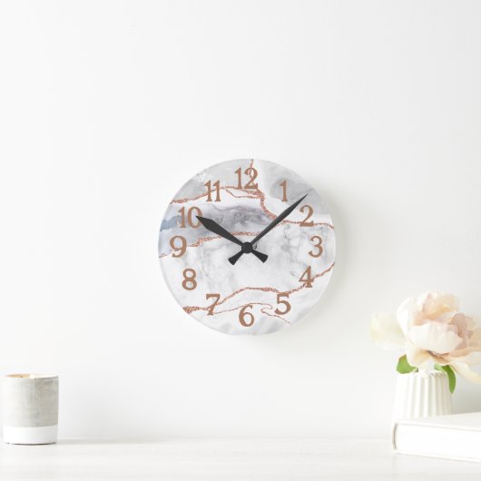Luxury White Rose Gold Glitter Agate Marble Ronde Klok (Huis)