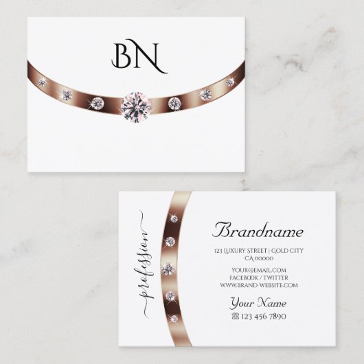 Luxury White Rose Gold met monogram en diamanten Visitekaartje (Voorkant / Achterkant)