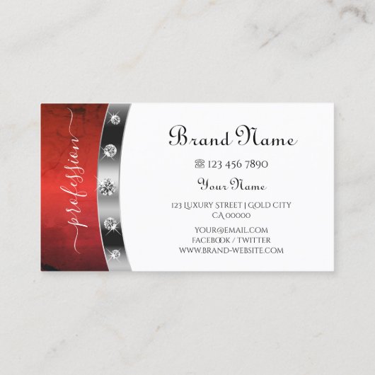 Luxury White Silver Red Marble Faux Rhinestones Visitekaartje (Achterkant)