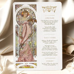 Luxus Menu Wedding Art Nouveau door Mucha Kaart<br><div class="desc">Voeg een stukje elegantie en verfijning toe aan uw trouwreceptie met dit Art Nouveau Wedding Menu. Het kunstwerk van de waterverf is voorzien van een van de Muses van Mucha die een glas champagne vasthoudt, wat een gevoel van luxe en feestelijkheid creëert. De stijl Art Nouveau wordt gekenmerkt door de...</div>