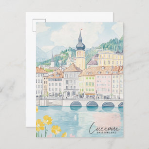Luzern Zwitserland Gouache Illustratie Reizen Briefkaart