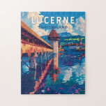 Luzern Zwitserland Reizen Kunst Vintage Legpuzzel<br><div class="desc">Luzerne retro vector reisontwerp. Luzern,  een compacte stad in Zwitserland die bekend staat om zijn bewaarde middeleeuwse architectuur,  ligt te midden van met sneeuw bedekte bergen aan het meer van Luzern.</div>