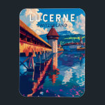 Luzern Zwitserland Reizen Kunst Vintage Magneet<br><div class="desc">Luzerne retro vector reisontwerp. Luzern,  een compacte stad in Zwitserland die bekend staat om zijn bewaarde middeleeuwse architectuur,  ligt te midden van met sneeuw bedekte bergen aan het meer van Luzern.</div>