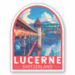Luzern Zwitserland Reizen Kunst Vintage Sticker<br><div class="desc">Luzerne retro vector reisontwerp. Luzern,  een compacte stad in Zwitserland die bekend staat om zijn bewaarde middeleeuwse architectuur,  ligt te midden van met sneeuw bedekte bergen aan het meer van Luzern.</div>