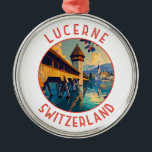 Luzern Zwitserland Retro Distressed Circle Metalen Ornament<br><div class="desc">Luzerne retro vector reisontwerp. Luzern,  een compacte stad in Zwitserland die bekend staat om zijn bewaarde middeleeuwse architectuur,  ligt te midden van met sneeuw bedekte bergen aan het meer van Luzern.</div>