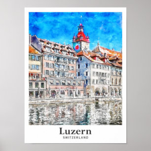 Luzern Zwitserland Travel Waterverf Hand getekend Poster