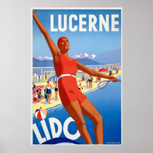 Luzerne Lido Zwitserland Meerzijde Meer Vintage Poster