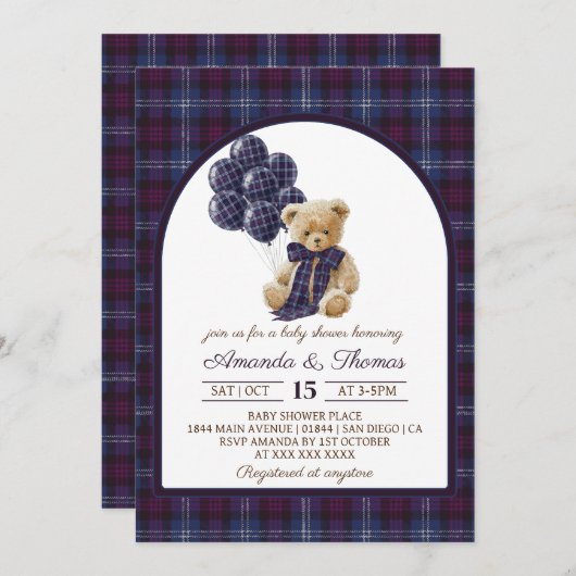 Lxury Bear Balloons Plaid Baby Shower Kaart (Voorkant / Achterkant)