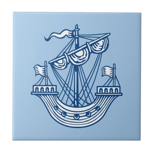 Lymphad (Heraldic Ship) - Indigostijlblauw Tegeltje (Voorkant)