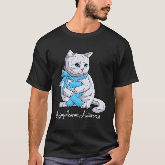 Lymphedema Awareness Month Light Blue Ribbon Cat T-shirt (Voorkant)