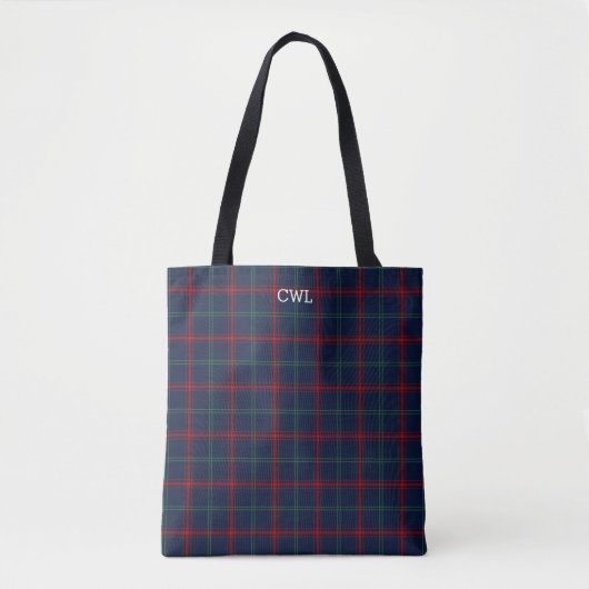 Lynch Clan Tartan Navy Blauw Plaid Monogram Tote Bag (Voorkant)