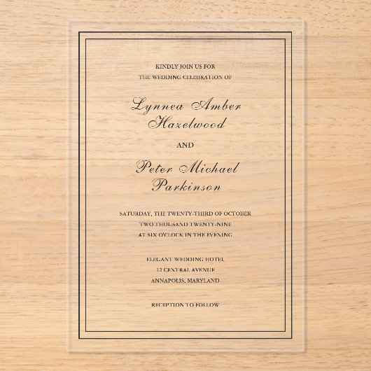 Lynnea Simple Elegant Wedding Acryl Uitnodigingen (Voorkant)