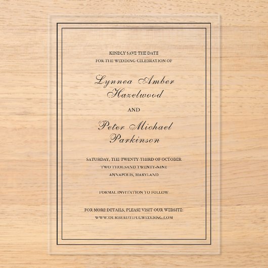 Lynnea Simple Elegant Wedding Save the Date Acryl Uitnodigingen (Voorkant)