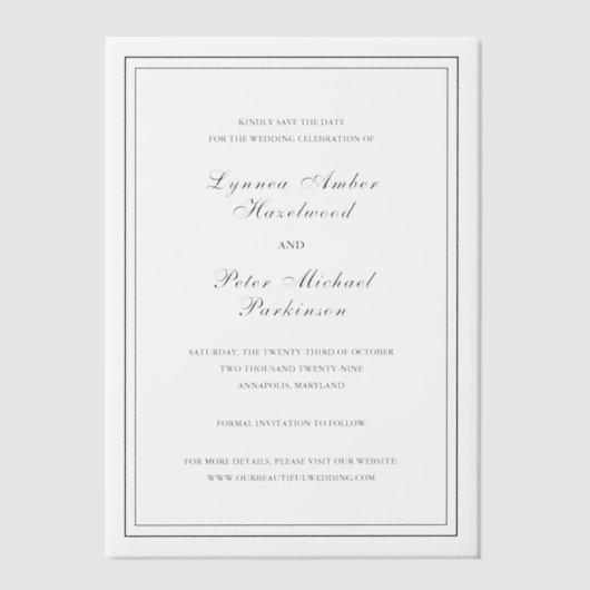 Lynnea Simple Elegant Wedding Save the Date Vellum Uitnodigingen (Voorkant)
