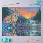 Lynx bij zonsopgang bij waterval tissuepapier (Craft)