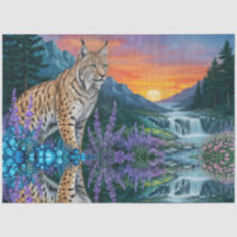 Lynx bij zonsopgang bij waterval