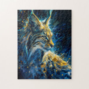 lynx bobcat gebaad in blauw geelachtig neonlicht legpuzzel