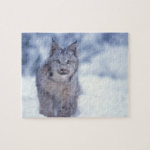 Lynx in de sneeuw aan de voet van de heuvels legpuzzel