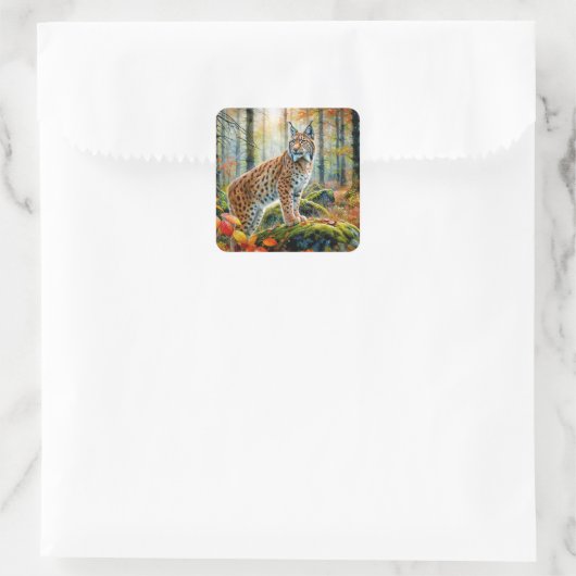 Lynx in Herfst Forest Autumcore Waterverf Vierkante Sticker (Tas)